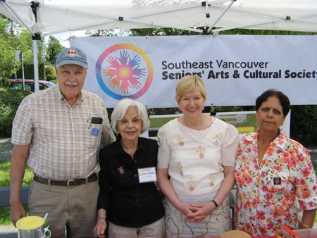 Left to right: George Grant, Lorna Gibbs, the Honorable Suzanne Anton and Ramesh Kalia at the SVSACS display booth, Champlain Heights Community Centre Summer Fair, June 7, 2014. Photo: George Grant