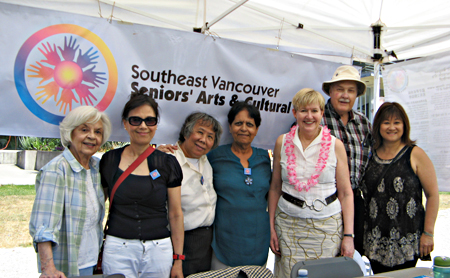 Left to right: Lorna Gibbs, SVSACS president; Beatrice Ho; Mabel Leung; Ramesh Kalia; Hon. Suzanne Anton, MLA; George Grant, SVSACS secretary; and MP Wai Young. SVSACS display booth, Champlain Heights Community Centre Summer Fair, June 6, 2015. COURTESY: George Grant