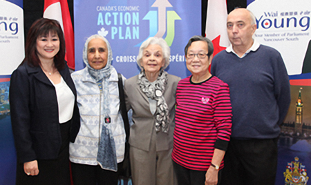MP Wai Young with community and seniors advocates Ms. Mohinder Sidhu, Ms. Lorna Gibbs, Mrs. Shin Wan Hon, and Mr. Keith Jacobs.