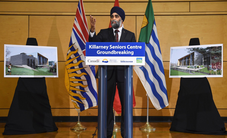 Federal Minister of Defence Harjit Singh Sajjan, also a long-time resident of the neighbourhood, spoke at the ground breaking ceremony for the Killarney Seniors Centre, which is scheduled to be completed in early 2018 at a cost of $7.5 million. photo: Dan Toulgoet