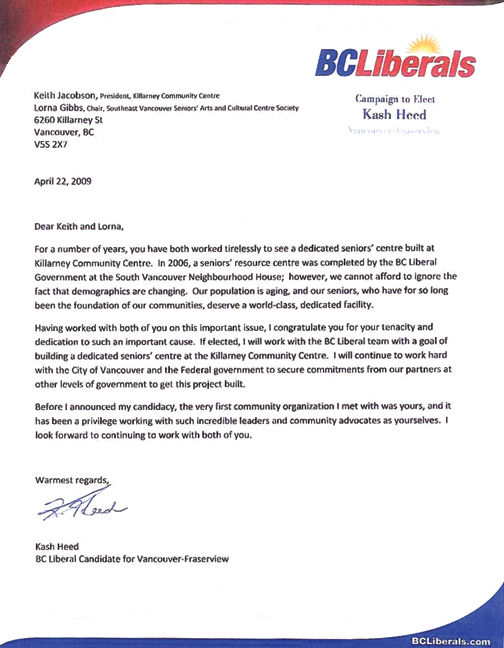 Kash Heed Letter to SVSACS, April 22, 2009.