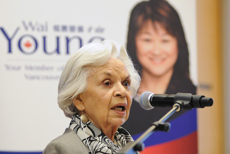 Seniors advocate Lorna Gibbs addressed the crowd at a meeting Tuesday, where it was announced the federal government will commit $2.5 million towards a long-awaited seniors centre for southeast Vancouver. Dan Toulgoet